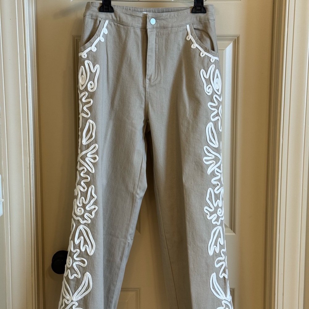 Miami Tan Straight Leg Pants with Elegant White Detailing